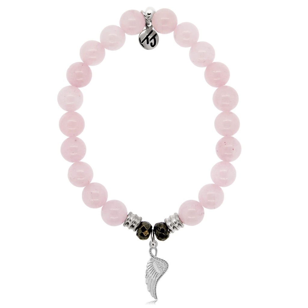 T. Jazelle Rose Quartz 8mm Stone Bracelet With Silver Angel Blessings Charm